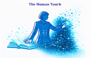 ue silhouette of a woman touching digital code as it flows from an open book.”