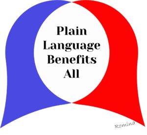 Plain Language benfits all Two speech bubbles in red and blue intersect.