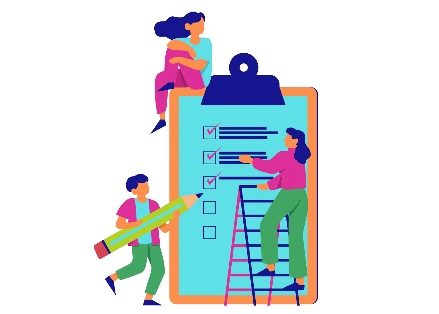 Three people checking items off a large checklist