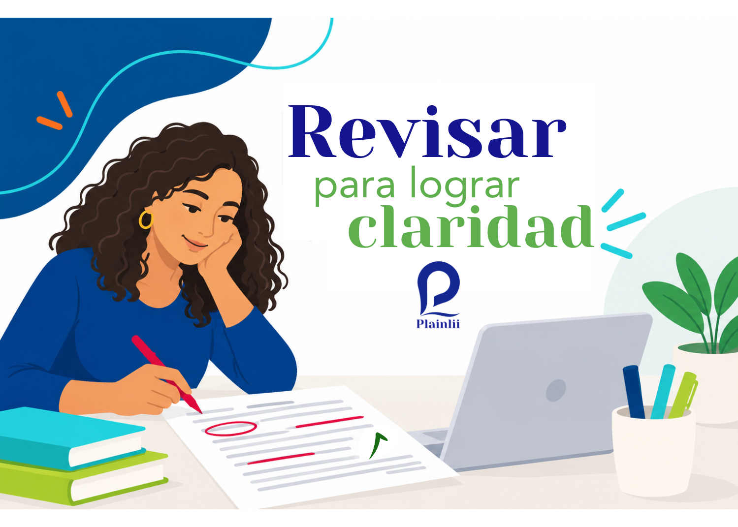 Ilustración de una mujer que corrige una página impresa con un bolígrafo rojo junto a una computadora portátil