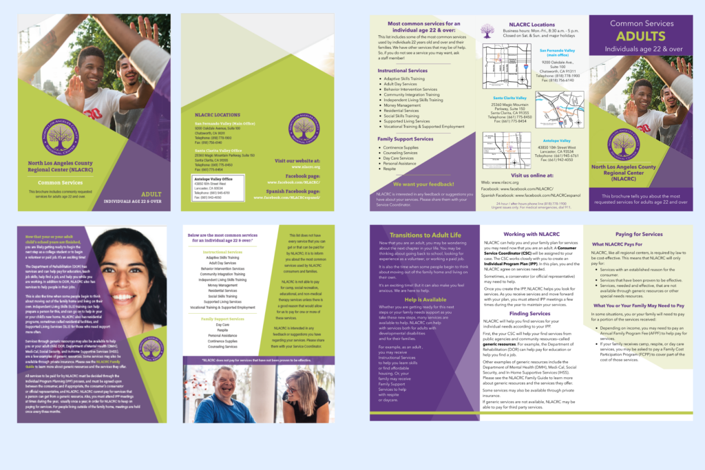Before-and-after comparison of an NLACRC adult services brochure. The ‘before’ version shows dense text, small fonts, minimal hierarchy, and crowded layout. The ‘after’ version shows improved clarity with simplified language, larger headings, cleaner spacing, reorganized sections, and stronger visual structure to make key information easier to read