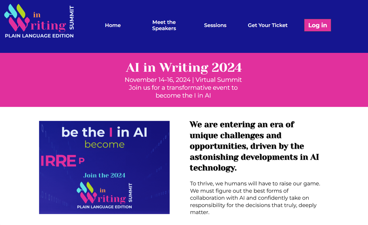 Home page of the AI in Writing Summit website, announcing the 2024 virtual summit