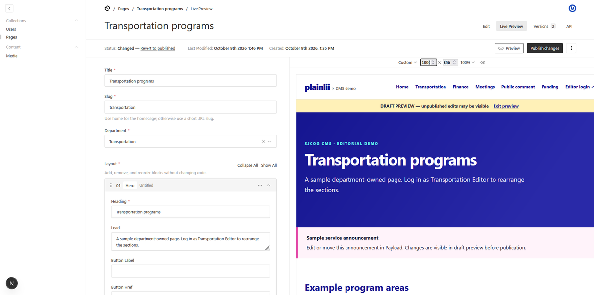 The Payload CMS editor: on the left, fields for a Transportation programs page; on the right, a live preview of the page